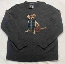 NWT Cremieux Mens L Charcoal Gray Dog Sweater Extra Fine Merino Wool Crewneck