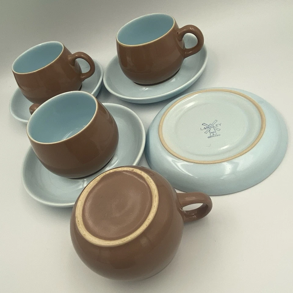 Set Of 4 Vintage Langley 2 Tone Cups & Saucers Blue And Brown Langley/denby - Image 4 of 4