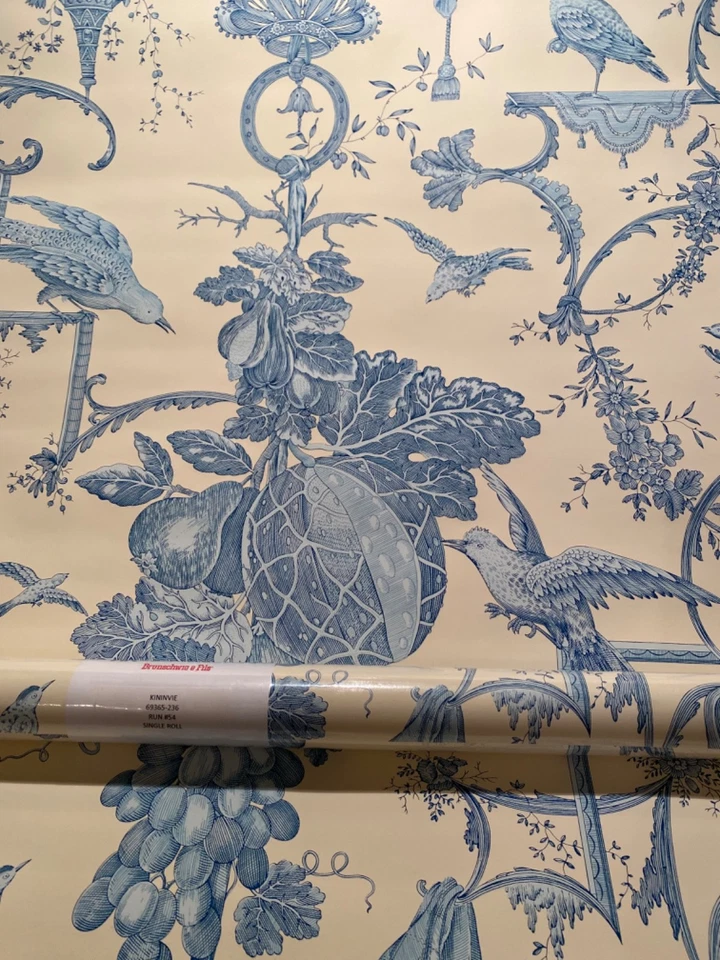 Papel pintado 15YD BRUNSCHWIG & FILS Kininvie crema de pavo real impresión a mano $1245 venta al por menor Foto 3 de 4