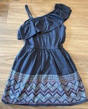Girls Tea Collection Blue Ruffle Metallic Silver,Pink,Orange Print Dress Size12