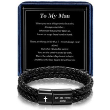 Men's Leather Bracelet with Cross Bible Verse, Double Layer Black Genuine Lea...