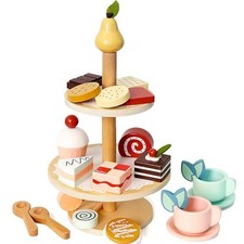 Tea Party Set Playset -Wooden Toys Pretend Play Food Kitchen Dessert Stand