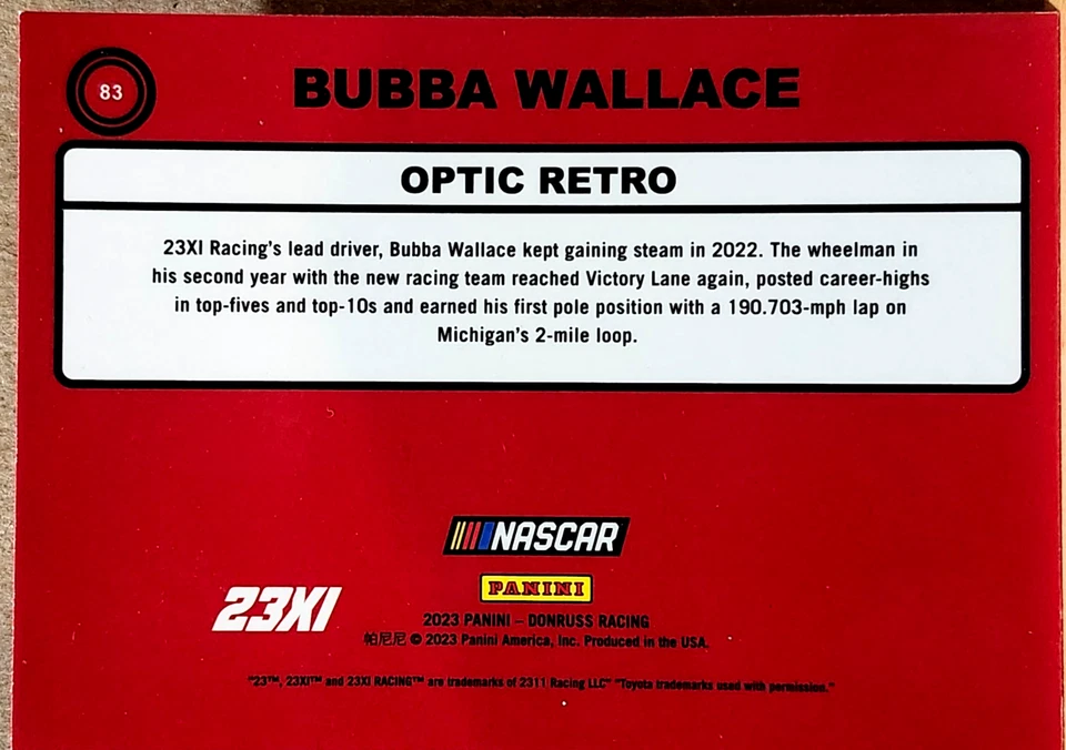 2023 Panini Donruss NASCAR Optic Retro 1990 #83 - Bubba Wallace - 23XI Toyota - Image 2 of 2
