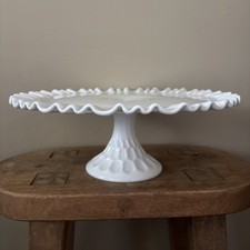 Vintage Fenton Art Glass Cake Stand White Milk Glass Thumbprint Ruffled Edge