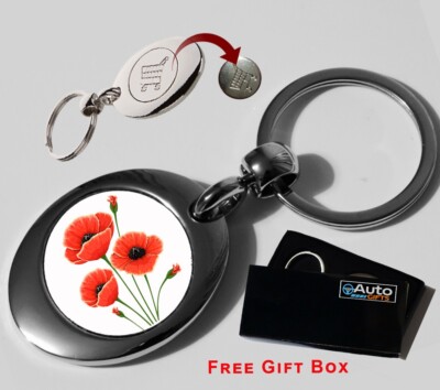 Shopping Trolley Coin Token Keyring Locker Key Red Poppy Poppies