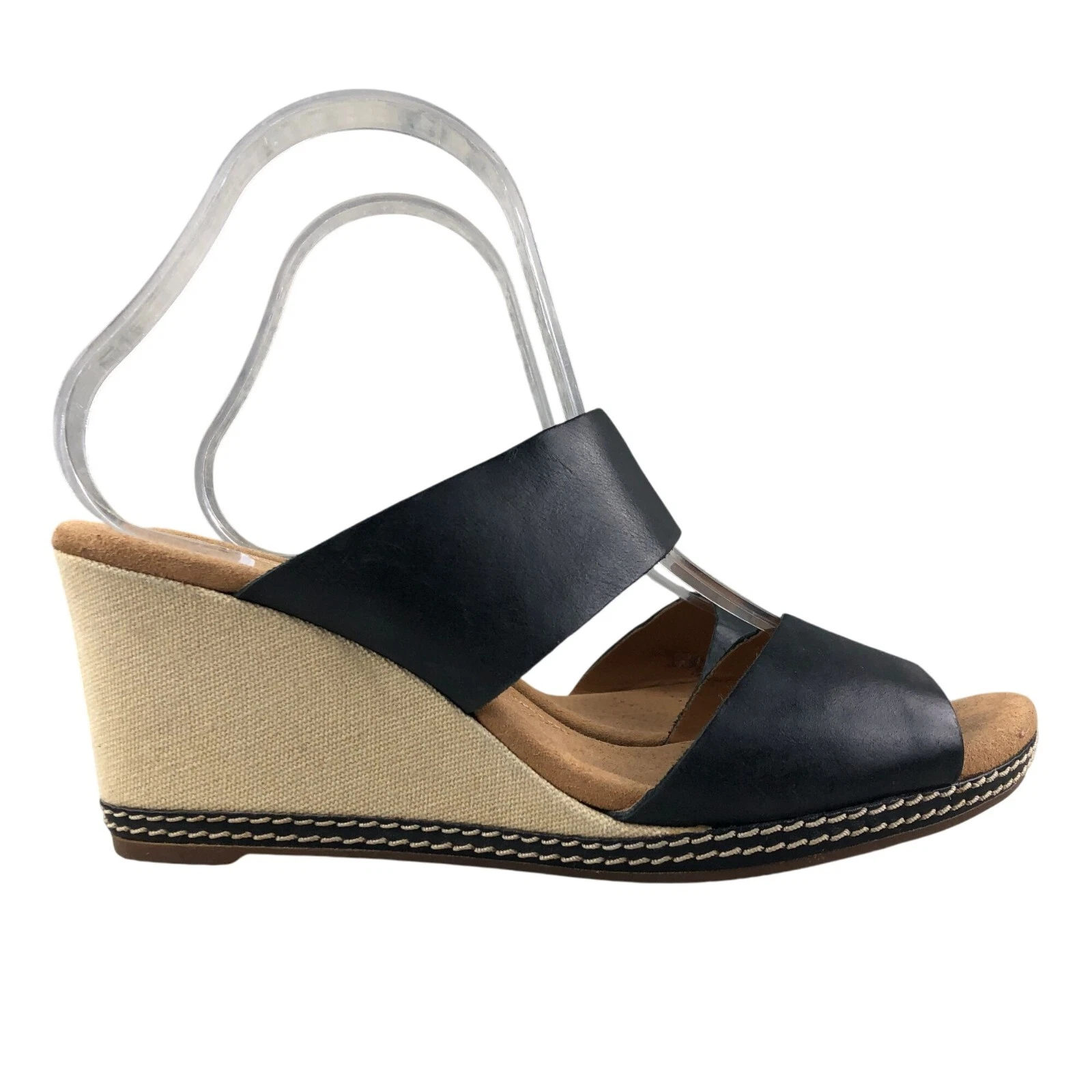 Sandali donna Clarks taglia 9M Helio Lilly neri punta aperta tacco alto zeppa