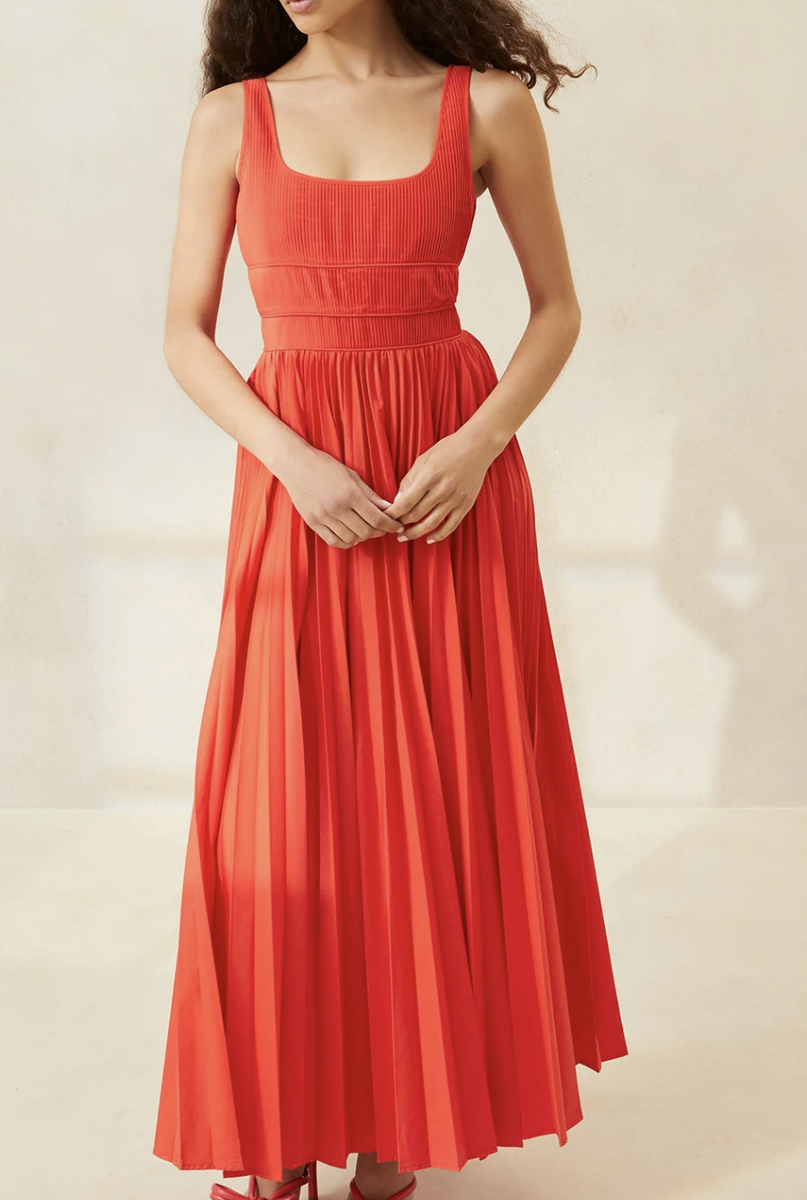 Loeffler Randall Bea Pleated Midi Dress Women's 4 Poppy Loeffler Randall Bea Pleated Midi Dress Women's 4 Poppy