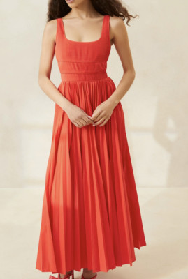 Loeffler Randall Bea Pleated Midi Dress Women's 4 Poppy/Orange Sleeveless Square