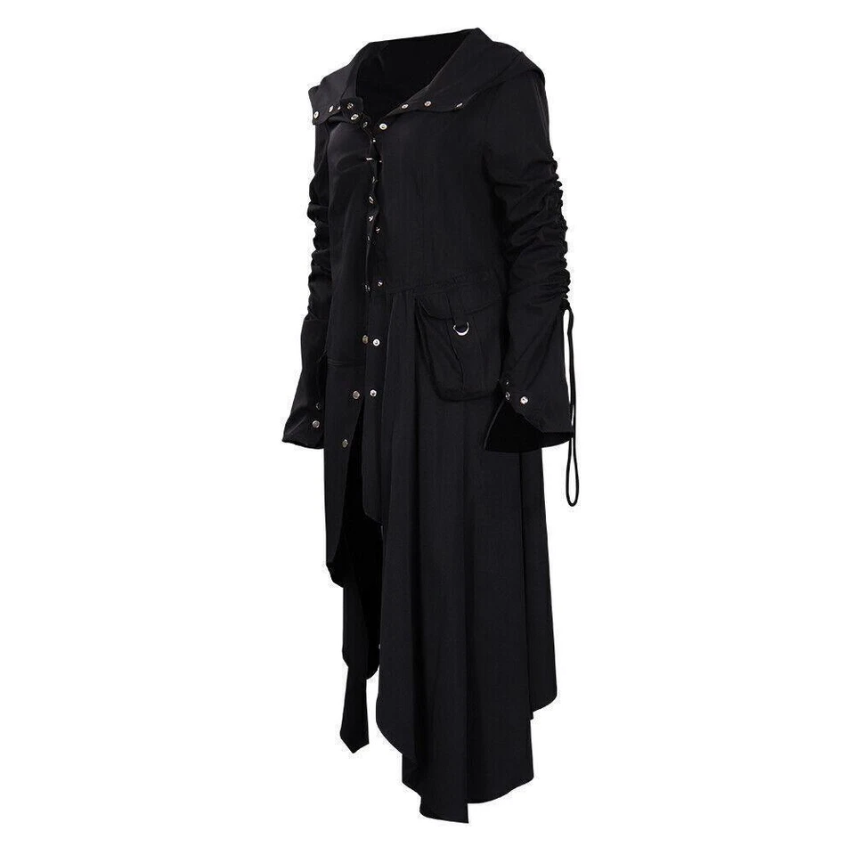 Black Hooded Long Jacket Cosplay Costume Coat Halloween Outfit Knight SUIT Coats - Image 4 of 4