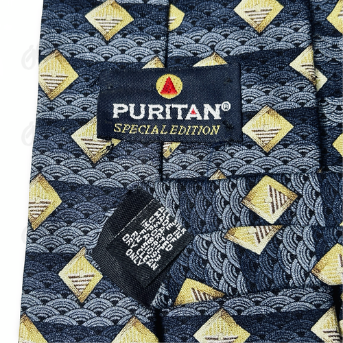 Puritan Tie Men 57.5 inch x 3.75 Blue Gold Special Edition Made in USA 100% Silk - Picture 6 of 10