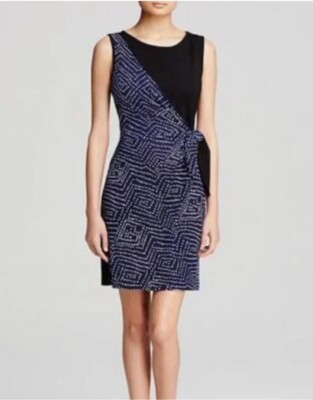 NEW DIANE VON FURSTENBERG DVF Dhalia Side Tie Dress Silk Blue Black Batik Sz 8