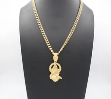 Gold Praying Hands Necklace, Large 7mm Cuban Link Chain, 14k Heavy Plated Gold