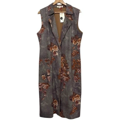 Solitaire Vest Woman’s Size XL Faux Suede Fall Floral Knee Length Pockets NEW
