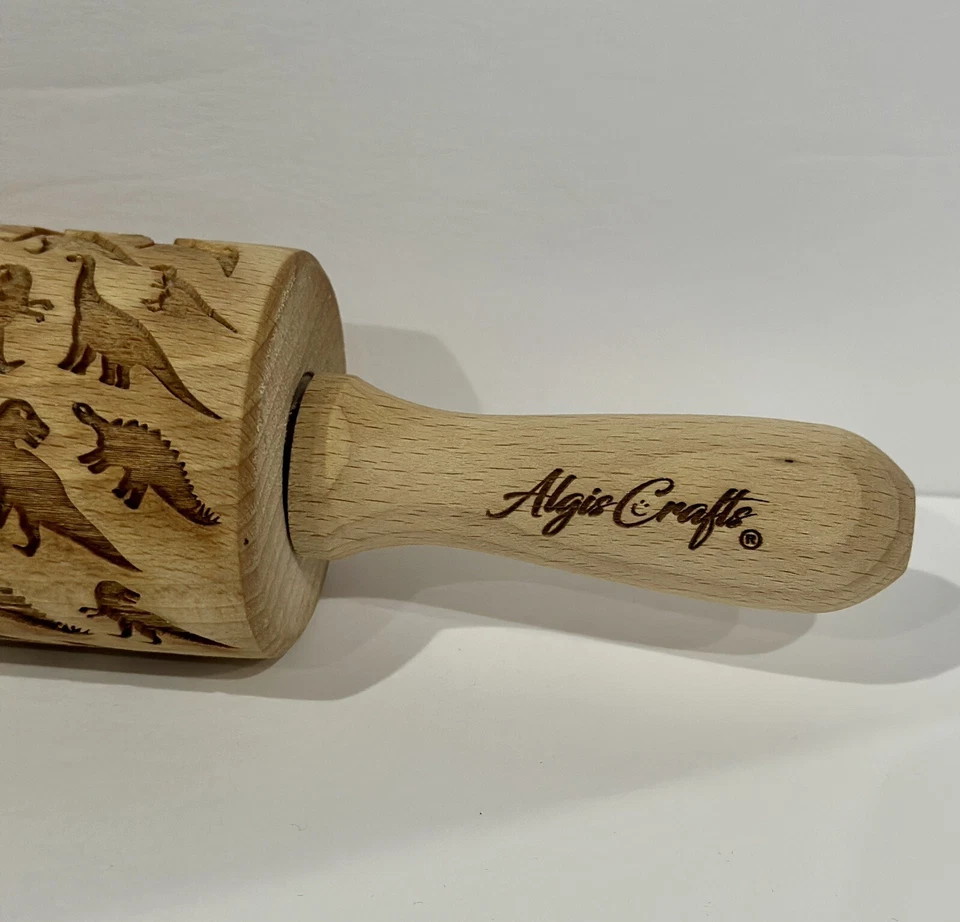 Rodillo de madera en relieve dinosaurios grabado tallado T Rex Brontosaurus 14" Foto 2 de 4