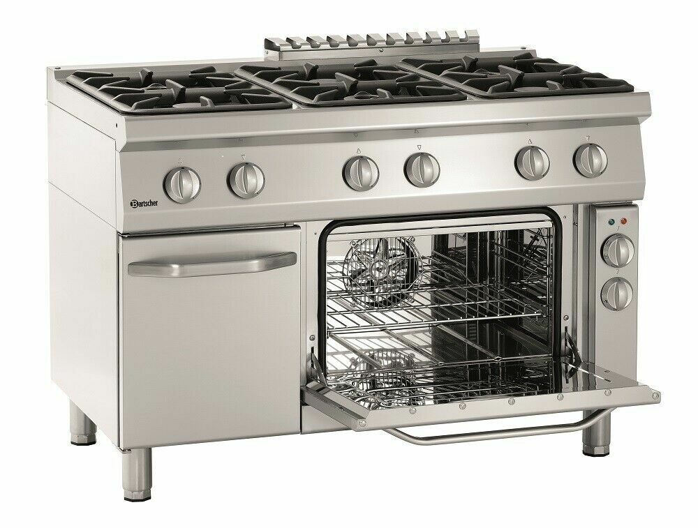Bartscher Edelstahl Gasherd 6 Flammen Gas-Brenner Elektro-Umluftbackofen GN 1/1