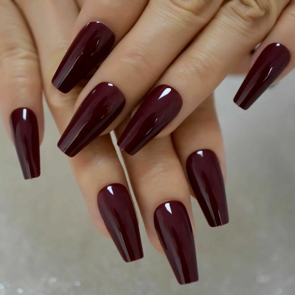 Maroon Dark Red Glossy Tapered Medium Coffin Press On Nails Fake False 24  Pc Set | eBay