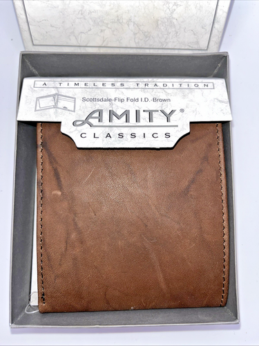 Vintage Amity Mens Womans Flip Fold ID Wallet Dark Brown Leather New in Orig Box - Picture 4 of 12