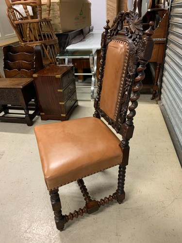 Antique Victorian Hall Chair , Carved Solid Oak & Leather - Picture 4 of 6