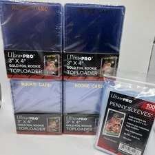 Ultra Pro 3X4 GOLD ROOKIE 35pt Toploaders 4 Packs of 25 AND 100 SLEEVES
