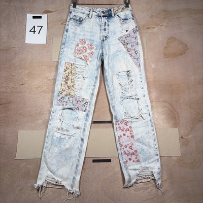 Vintage Almost Famous Jeans Floral Patchwork Light Blue Distressed Size 0 24x27