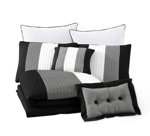  Juego de edredón a rayas de lujo Loft de 8 piezas () Queen negro/gris/blanco Foto 3 de 4