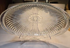 Vintage Pressed Glass Serving Bowl Starburst & Ribbed Design 13"