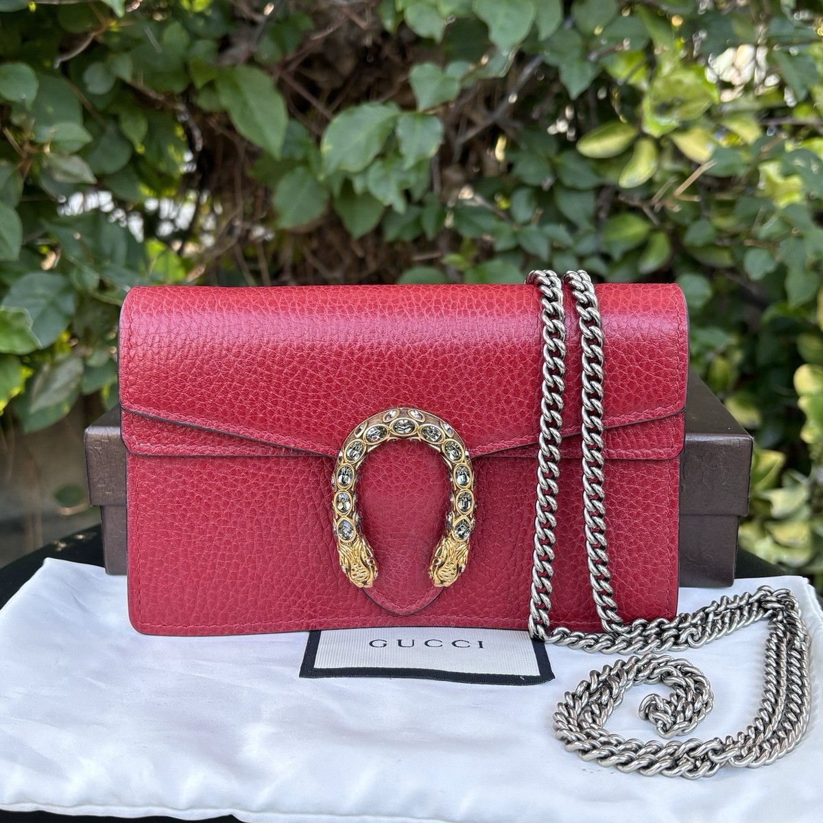 Gucci Dionysus Leather Tiger Crystal Super Mini Chain Bag Red