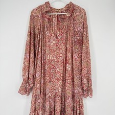 Free People Red Pink Floral Tiered Maxi Dress Small Boho Long Sleeve V-Neck