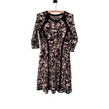 Taylor Knit A Line Sweater Dress Medium Black White Floral 3/4 Sleeves