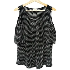 Max Studio Black Polkadot Short Sleeve Top Stretch Bare Shoulder Pleated Flowy M
