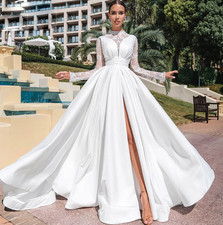 Modern Lace Wedding Dress A Line Side Split Bridal Gown Long Sleeves Round Neck