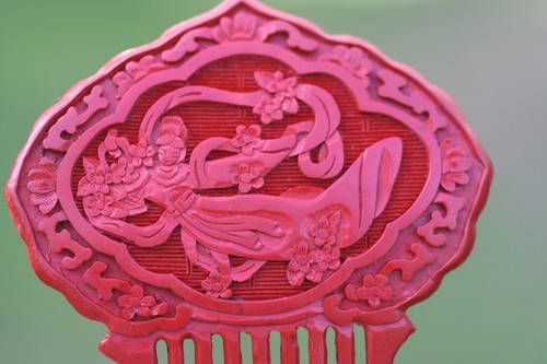 vintage :*Chinese Cinnabar Imperial Kwan Yin Floating Flowers Hair Comb:* Rare - Picture 2 of 8