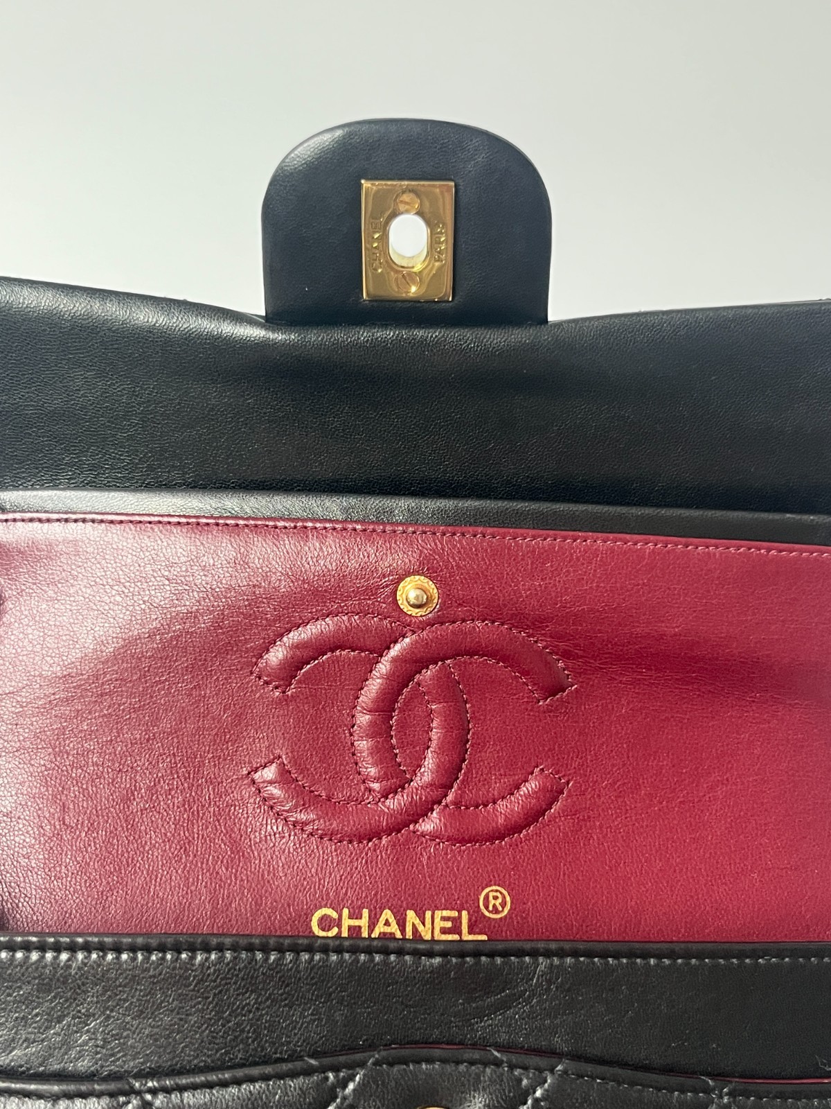 Authentic CHANEL Black Gold 23 Matelasse Lambskin Double Flap Chain Shoulder Bag image 2