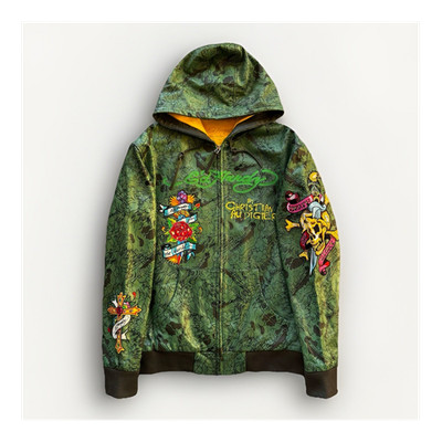 Ed Hardy Christian Audigier Men s 2XL Green Leather Fully Lined Zip Hoodie