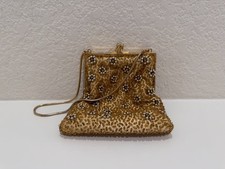 Vtg Walborg Gold Beaded Evening Bag Rhinestone Kiss Lock Chain Strap Clutch
