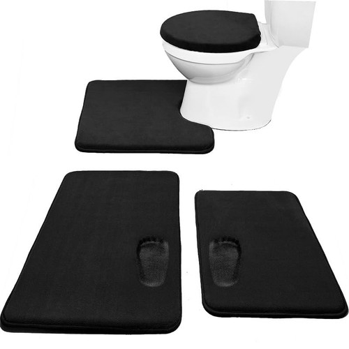 Memory Foam Bath Mat Set, 4 Piece with Toilet Lid Cover and Rug, Black