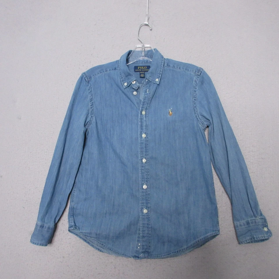 Polo Ralph Lauren Girl Shirt Medium Chambray Button Flesh Pony Timeless Style - Image 2 of 4