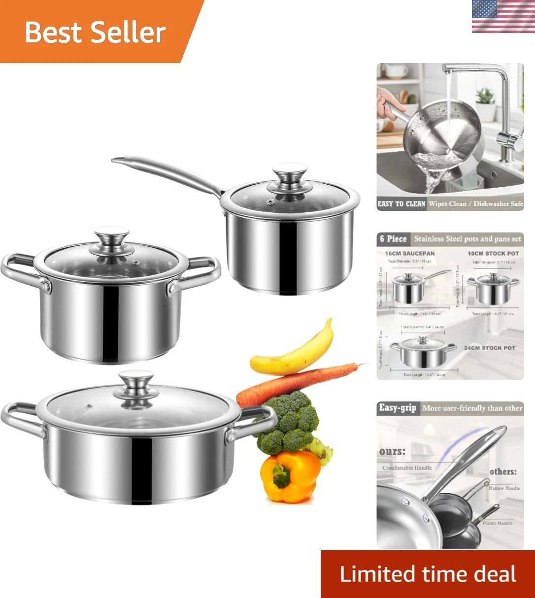 Stainless Steel pots and pans set, 6 Piece Nonstick Induction Kitchen Cookwar...