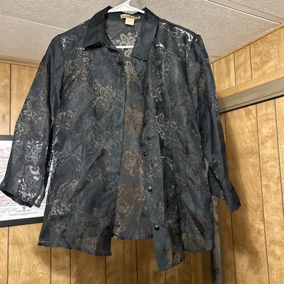 Notations Women Size L Large Sheer Black  floral dress jacket blouse button down