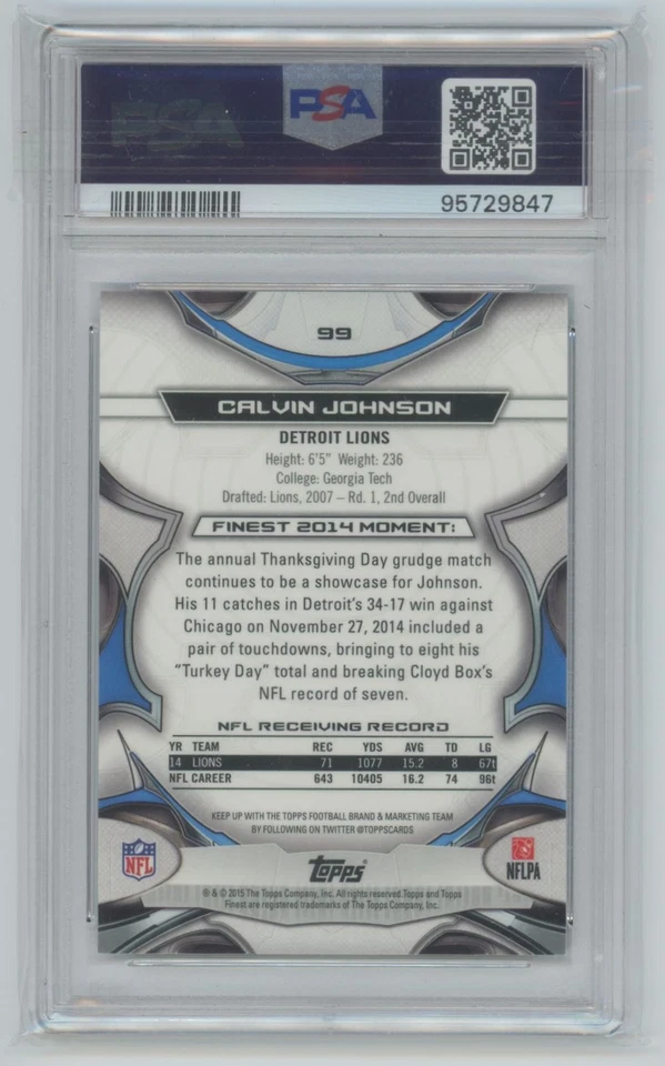 2015 Topps Finest refractor pop4 Calvin Johnson PSA 10 Detroit Lions #99 - Image 2 of 2