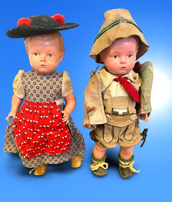 Celluloid Turtle Mark 40s Schildkrot 2 Doll Set Germany 10'' All Orig Leather