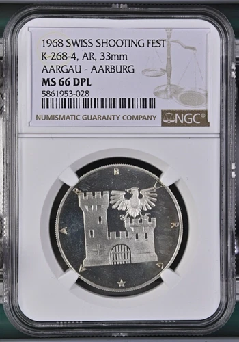 1968 SWISS SHOOTING FEST K-268-4, AR, 33mm AARGAU -  AARBURG, - NGC MS 66 DPL