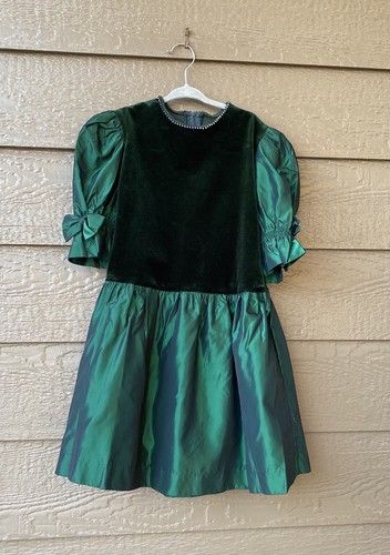 Vintage 1980s Allison Ann Girls Dress Rhinestone Emerald Green velvet Holiday 8