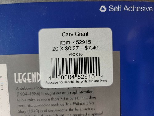 Scott #3692 Cary Grant (Legends of Hollywood) Sheet of 20 Stamps - Sealed Blue - Picture 3 of 3