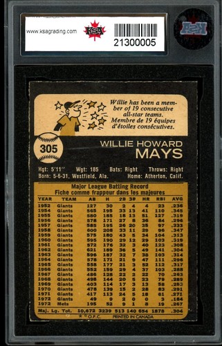1973 TOPPS OPC O-PEE-CHEE BASEBALL #305 Willie Mays HOF KSA 7 NM New York Mets - Picture 2 of 2