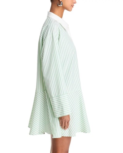 Aqua L4426 White Green Stripe Contrast Trim Shirt Dress Size XXS - Picture 5 of 7