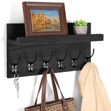 Shelf with Hooks, Coat Rack Wall Mount with 6 Double Metal Hooks, 1... Fast Ship