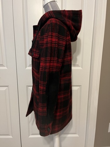 LL Bean Signature SM Red & Black Buffalo Plaid Women's Classic Wool Coat Hooded - Picture 4 of 12