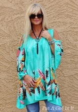 USA New MINT GREEN Womens FEATHER COLD SHOULDER FLARE TUNIC SILKY SHIRT S M