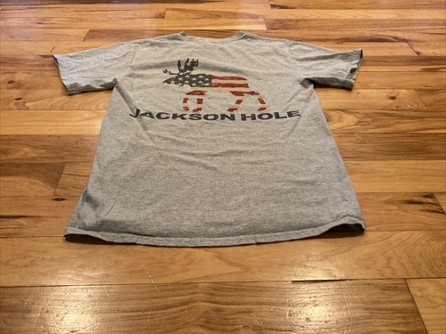 Jackson Hole Wyoming Gray USA Patriotic Moose Crew Cotton T-Shirt Mens Small - Picture 9 of 12